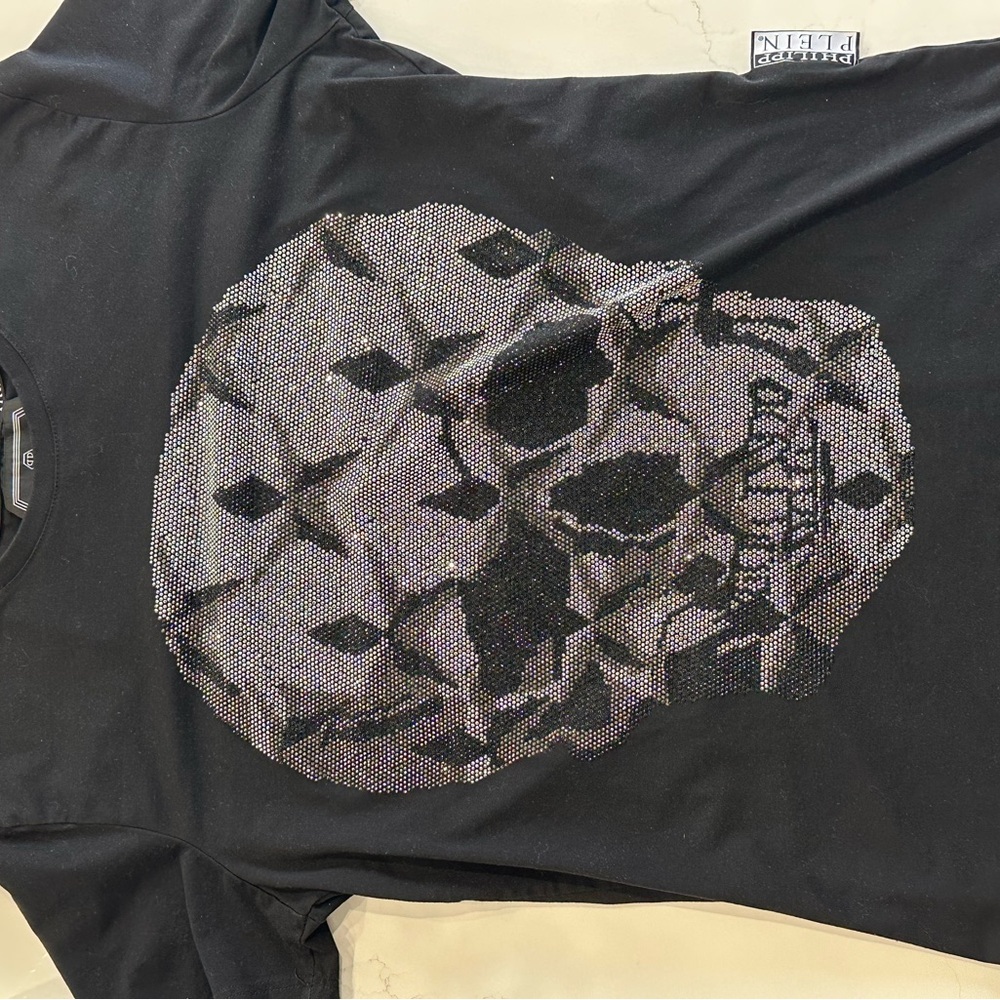Black T-Shirt with Rhinestone Skull Design